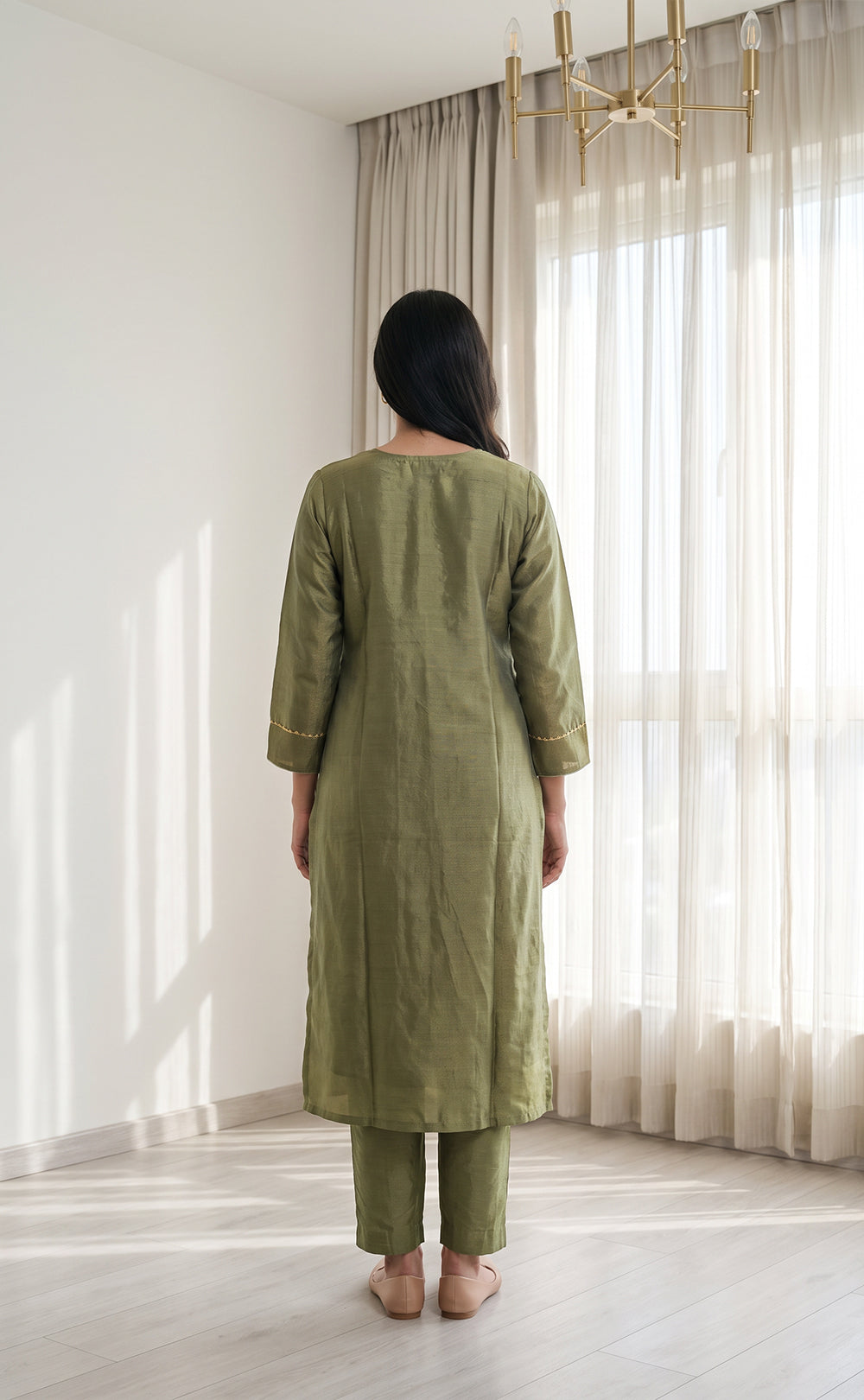 Pista Green Tissue Mirror And Beats Embroidery Kurti Set