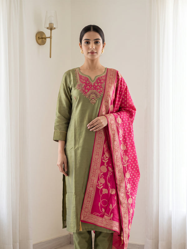 Pista Green Tissue Mirror And Beats Embroidery Kurti Set