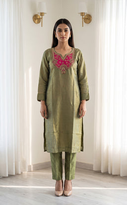 Pista Green Tissue Mirror And Beats Embroidery Kurti Set