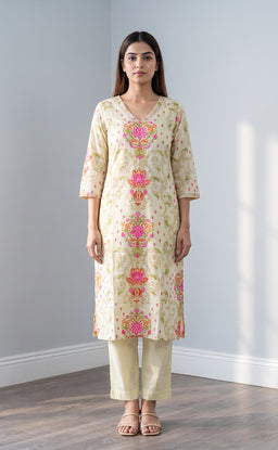 Half-White Cotton Lotus Printed Kurti Set