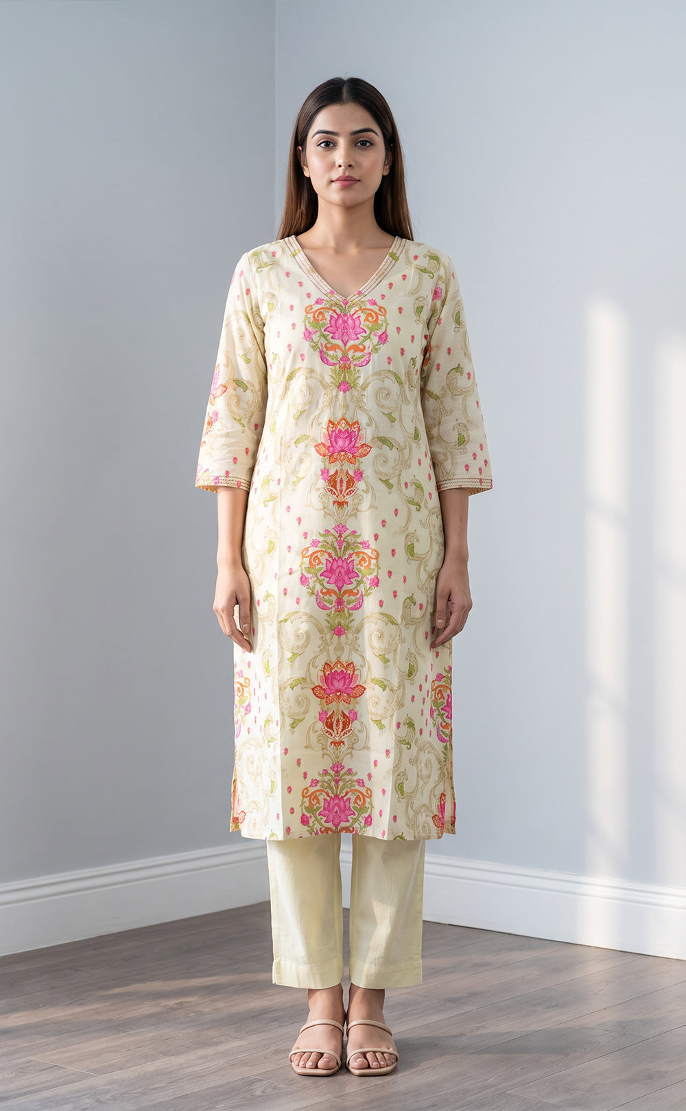 Half-White Cotton Lotus Printed Kurti Set