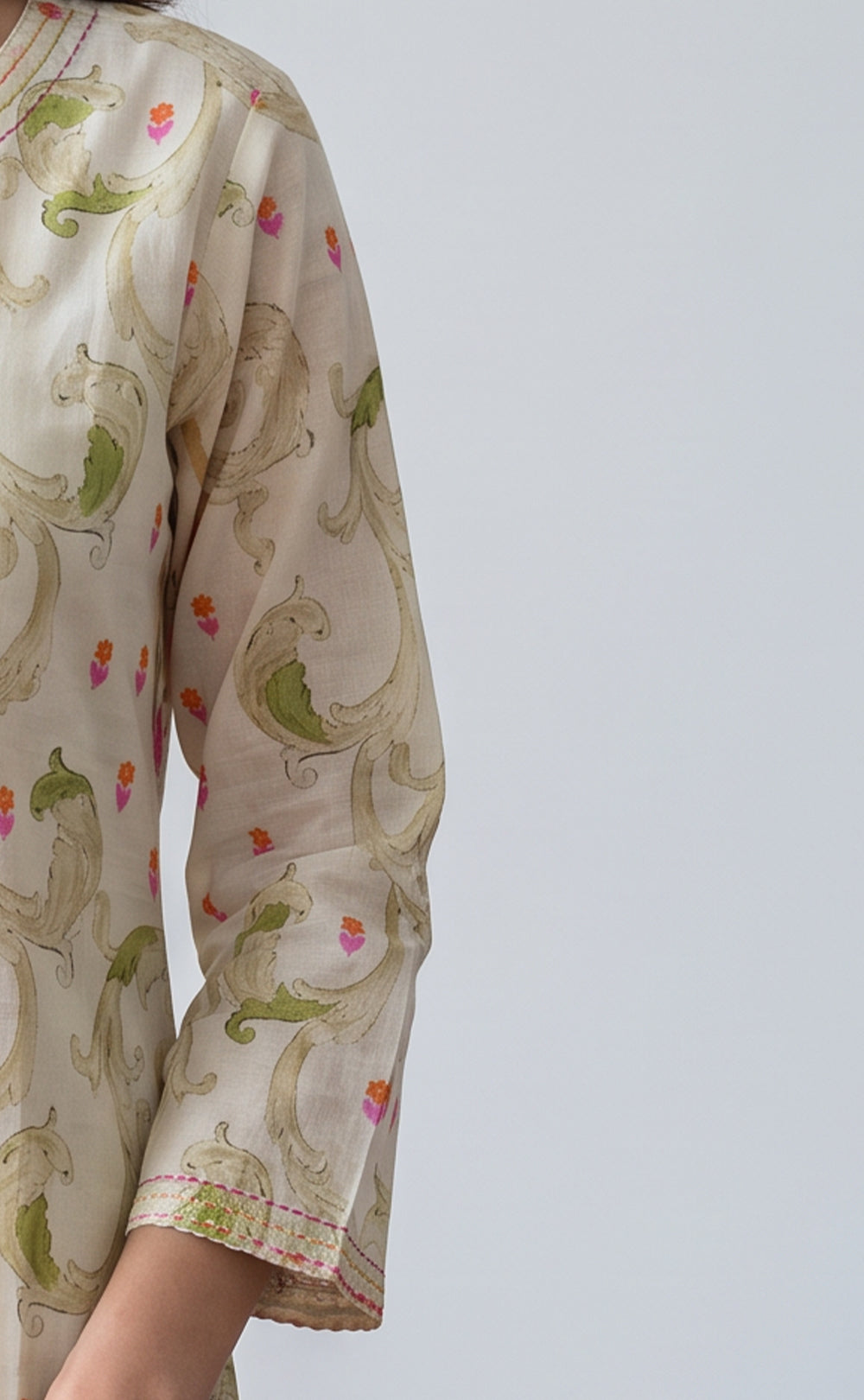 Half-White Cotton Lotus Printed Kurti Set
