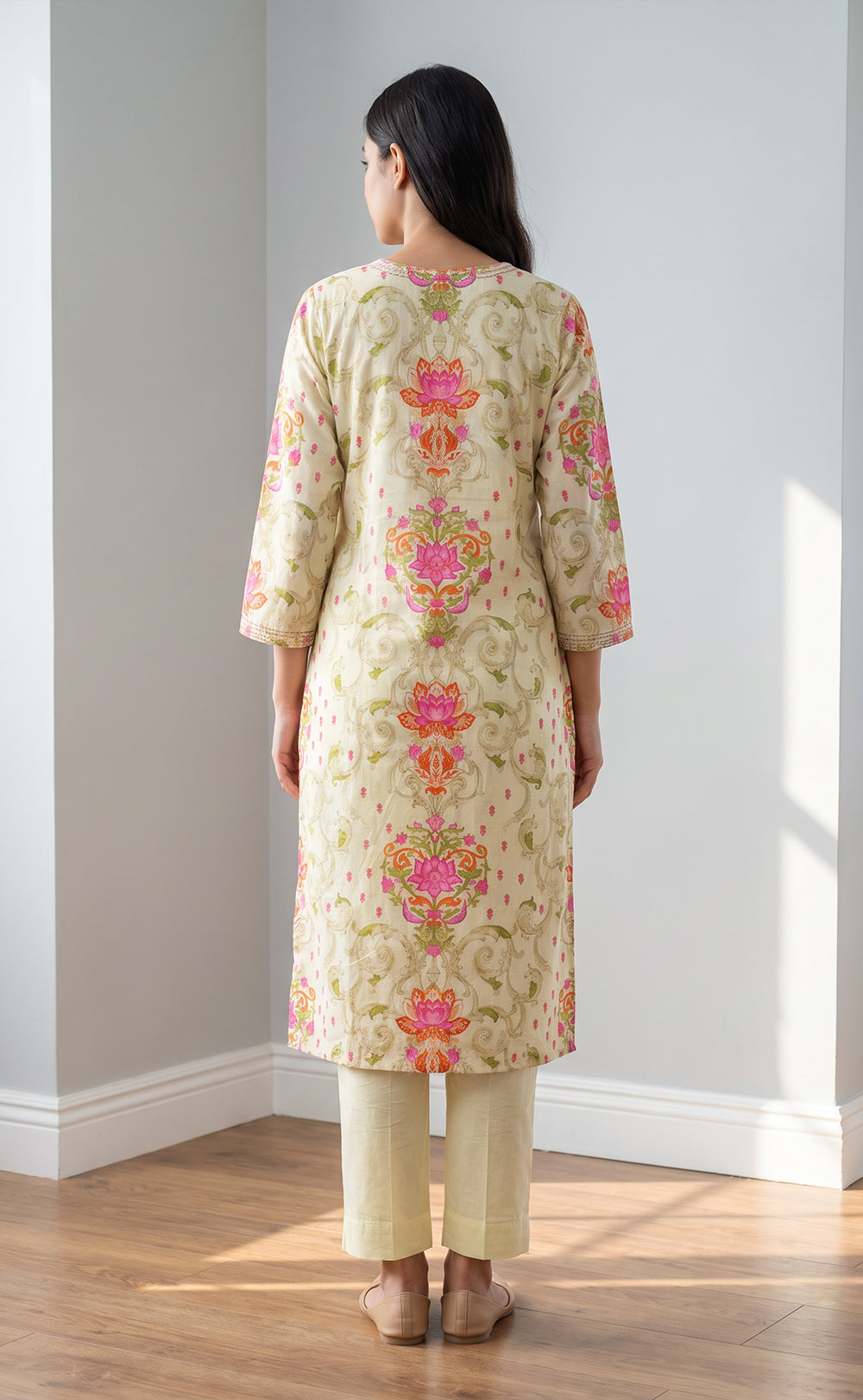 Half-White Cotton Lotus Printed Kurti Set