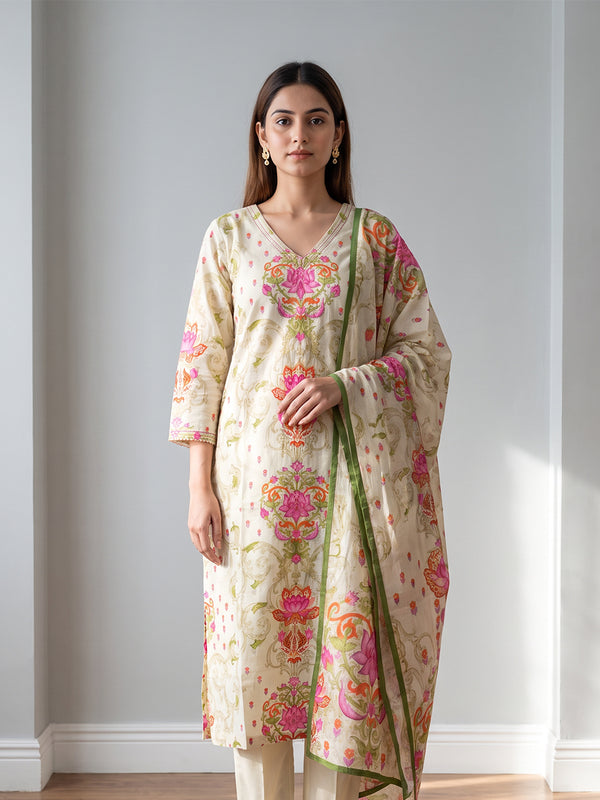 Half-White Cotton Lotus Printed Kurti Set