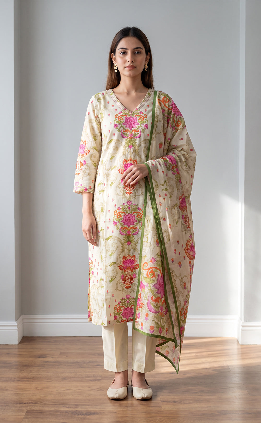 Half-White Cotton Lotus Printed Kurti Set