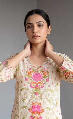 Half-White Cotton Lotus Printed Kurti Set