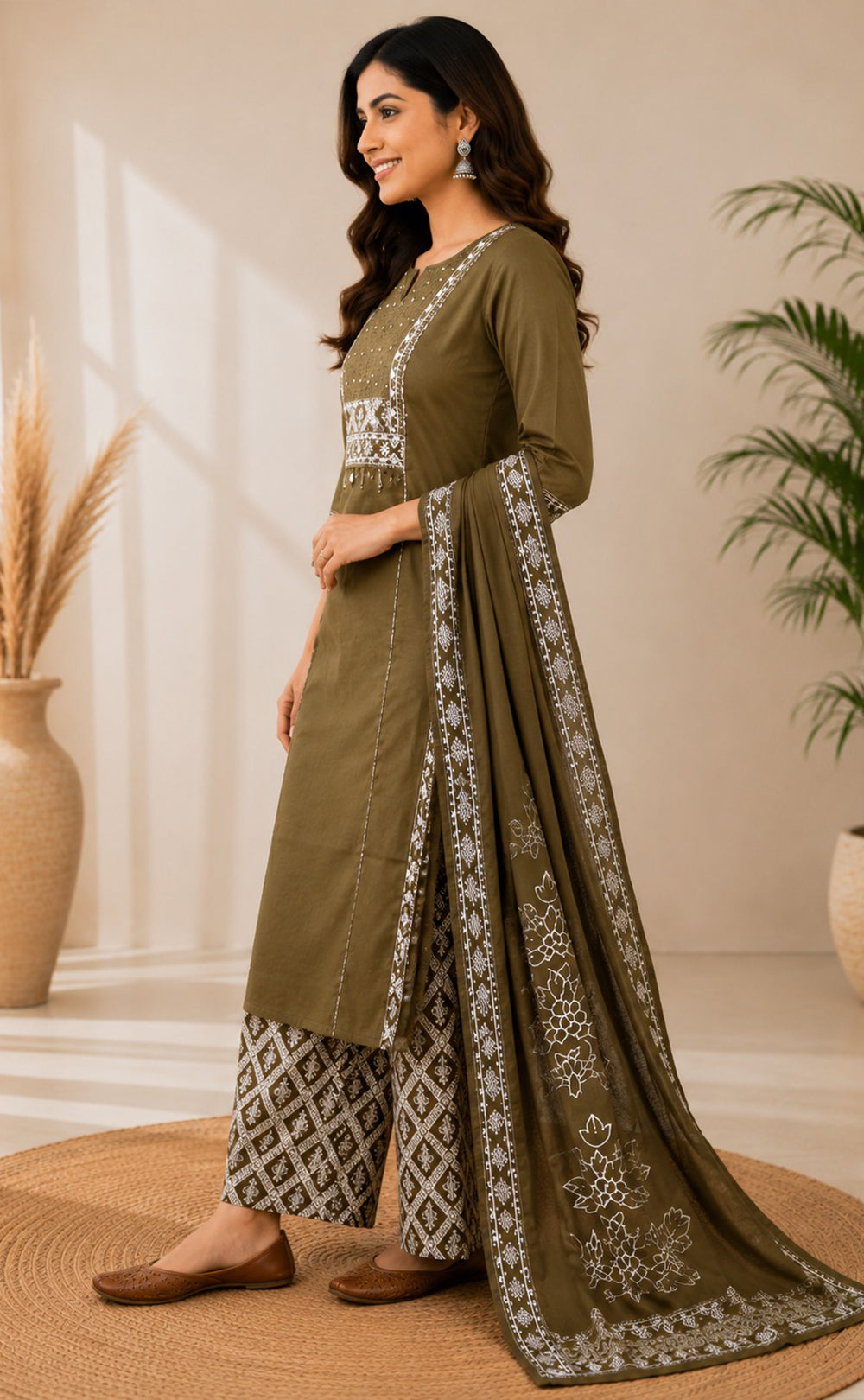 Mehndi Green Cotton Floral Printed Kurti Set