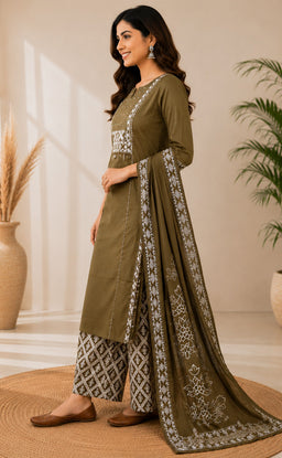 Mehndi Green Cotton Floral Printed Kurti Set