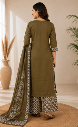 Mehndi Green Cotton Floral Printed Kurti Set