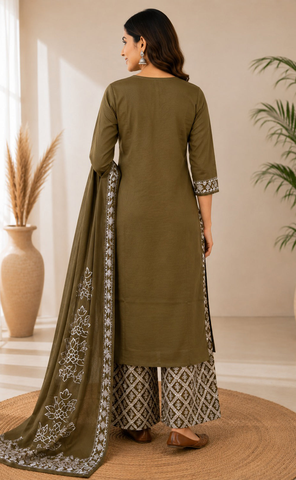 Mehndi Green Cotton Floral Printed Kurti Set