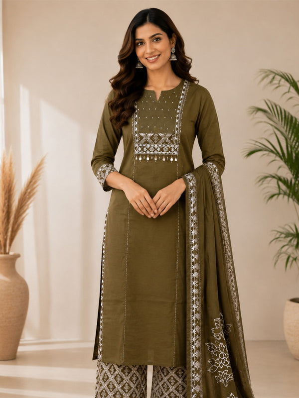Mehndi Green Cotton Floral Printed Kurti Set
