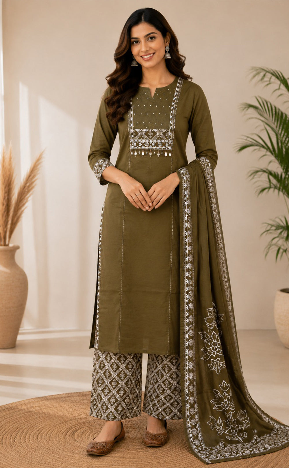 Mehndi Green Cotton Floral Printed Kurti Set