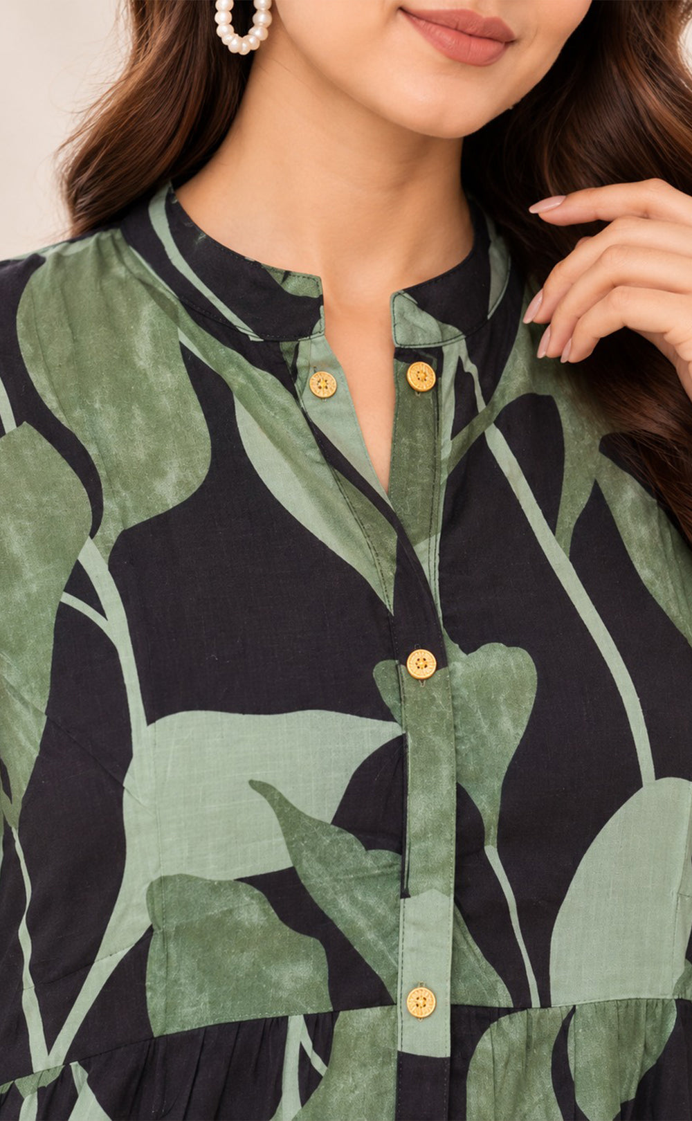 Forest Green Rayon Leaf Printed Kurti Gown