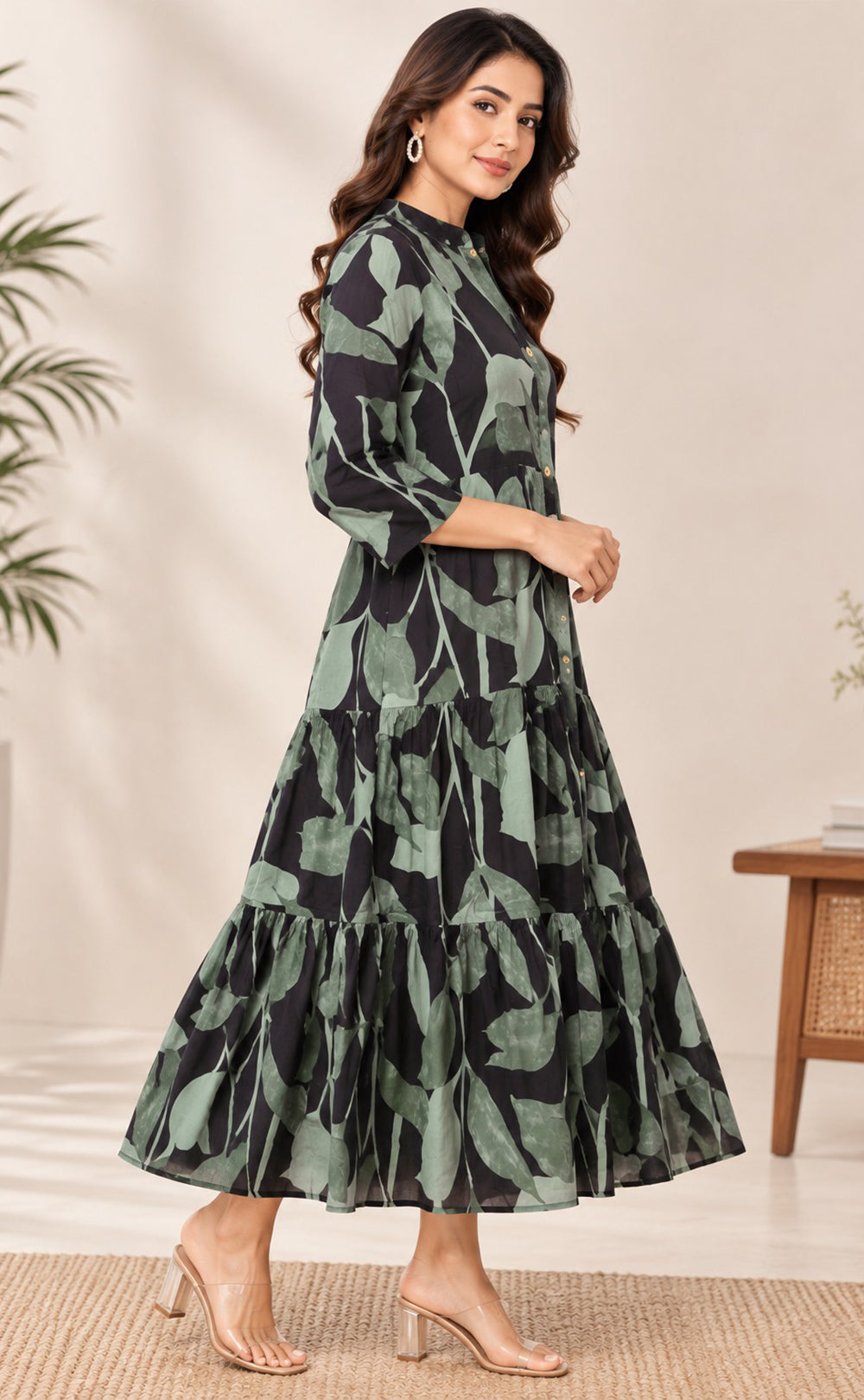 Forest Green Rayon Leaf Printed Kurti Gown