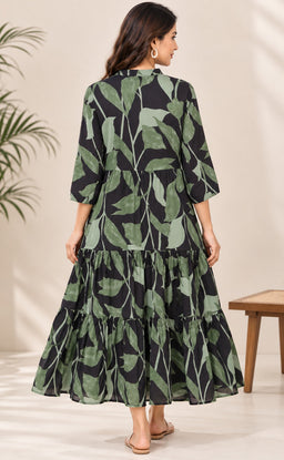 Forest Green Rayon Leaf Printed Kurti Gown