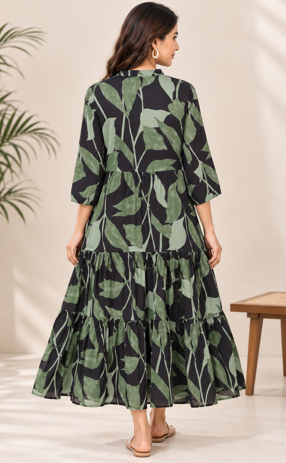 Forest Green Rayon Leaf Printed Kurti Gown