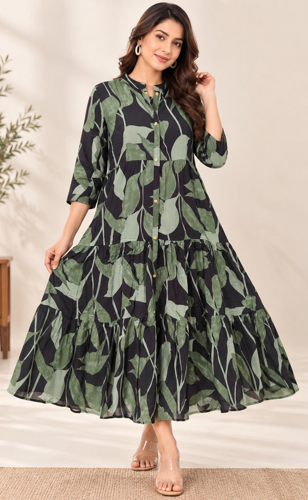 Forest Green Rayon Leaf Printed Kurti Gown