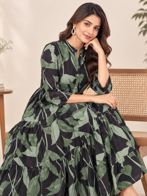 Forest Green Rayon Leaf Printed Kurti Gown