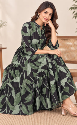 Forest Green Rayon Leaf Printed Kurti Gown