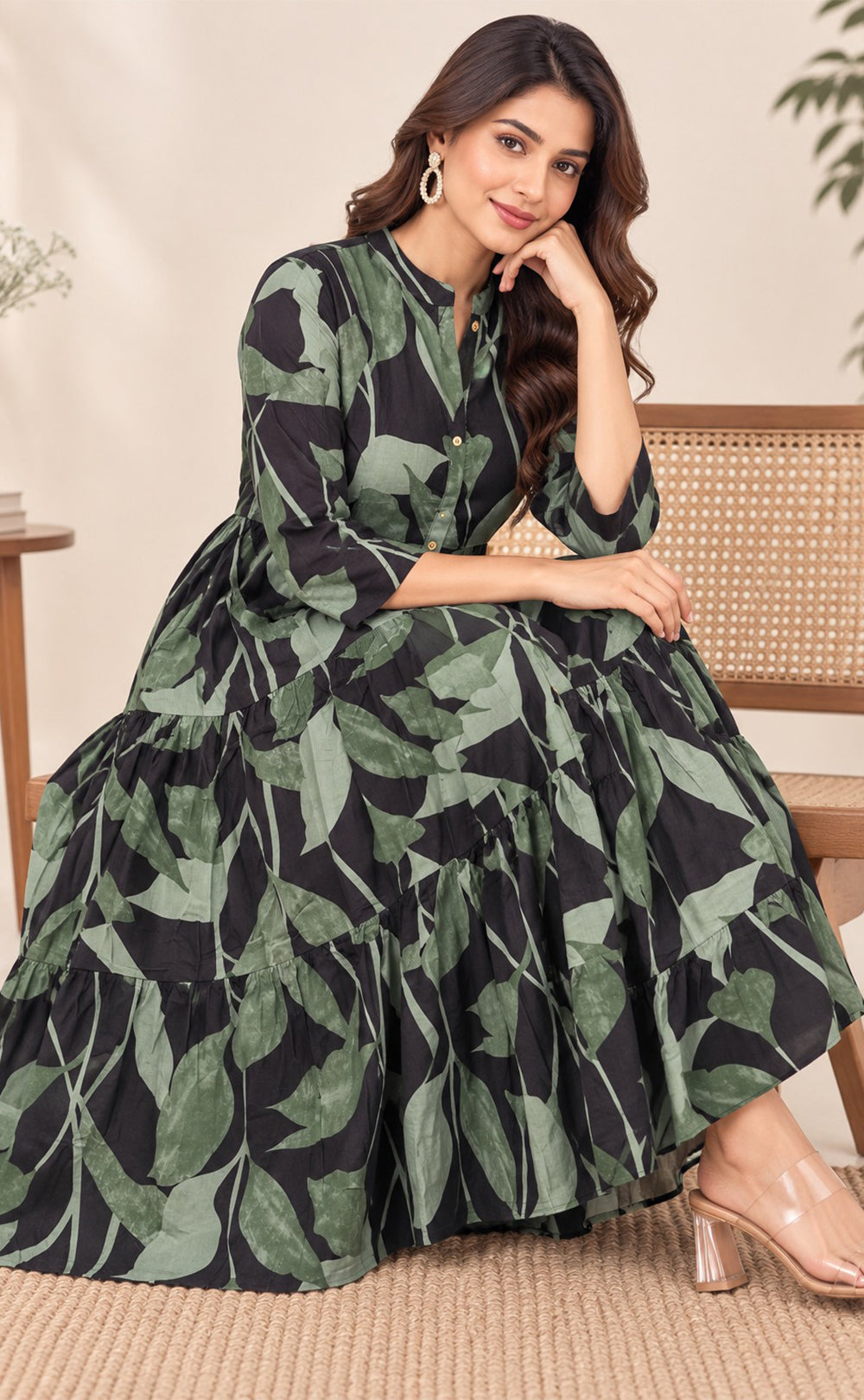 Forest Green Rayon Leaf Printed Kurti Gown