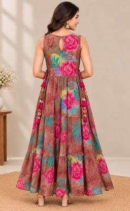Chocolate Brown Chinon Beats Work Kurti Gown