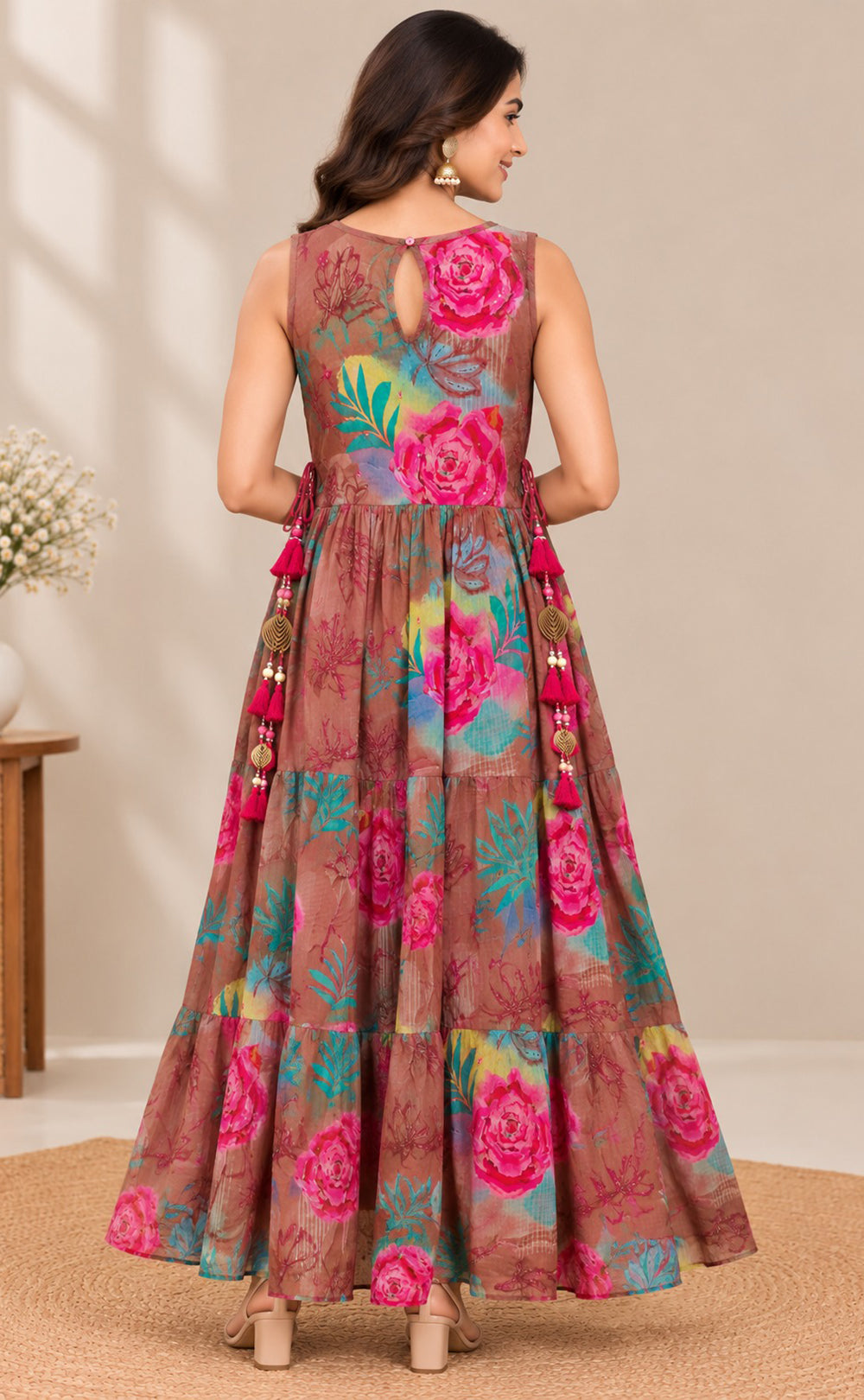 Chocolate Brown Chinon Beats Work Kurti Gown