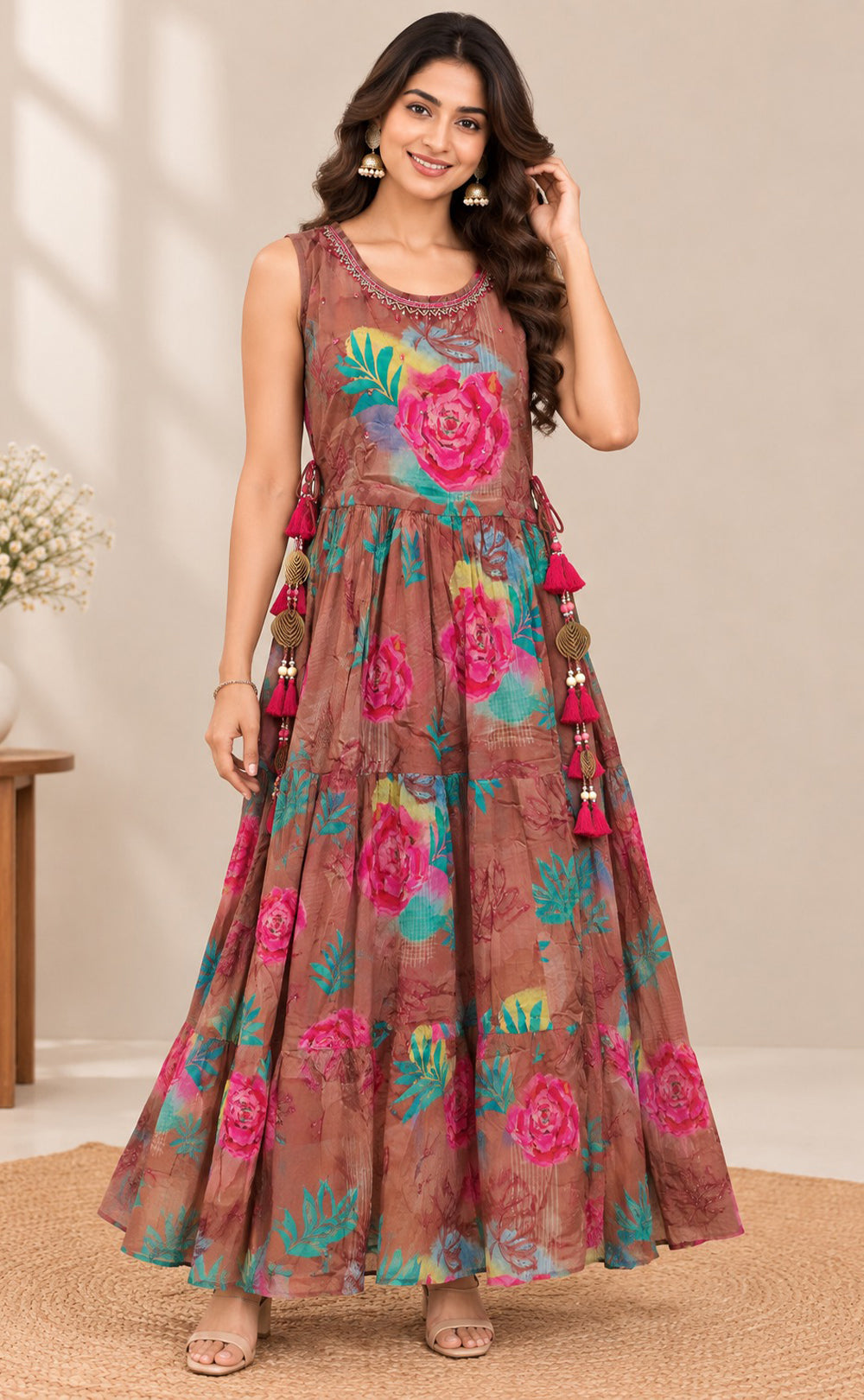 Chocolate Brown Chinon Beats Work Kurti Gown