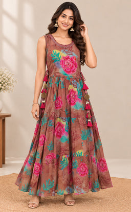 Chocolate Brown Chinon Beats Work Kurti Gown
