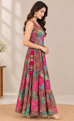 Chocolate Brown Chinon Beats Work Kurti Gown