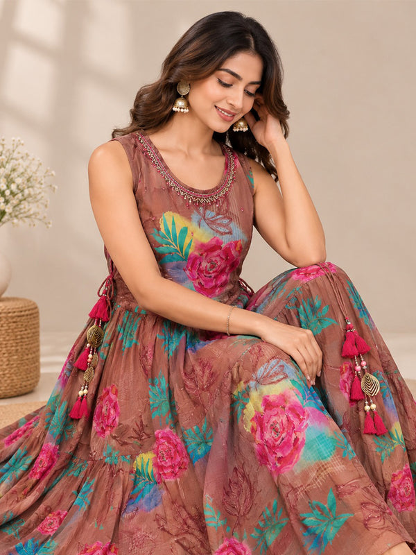 Chocolate Brown Chinon Beats Work Kurti Gown
