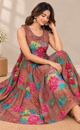 Chocolate Brown Chinon Beats Work Kurti Gown