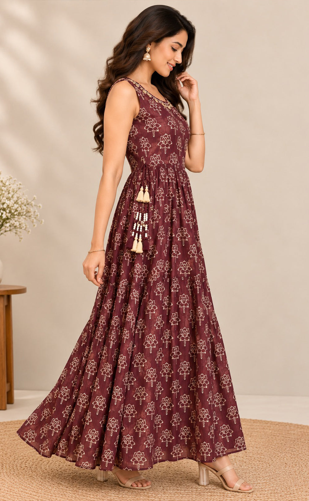 Dark Coffee Brown Chinon Beats Work Kurti Gown