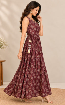 Dark Coffee Brown Chinon Beats Work Kurti Gown