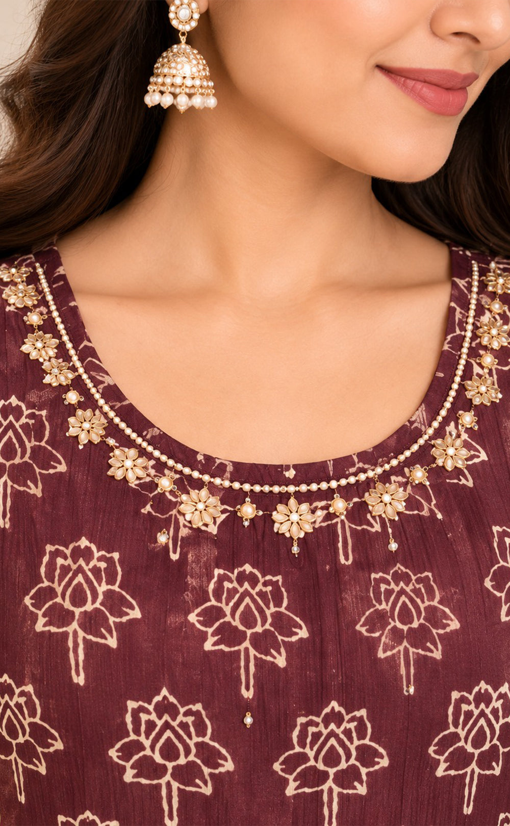 Dark Coffee Brown Chinon Beats Work Kurti Gown