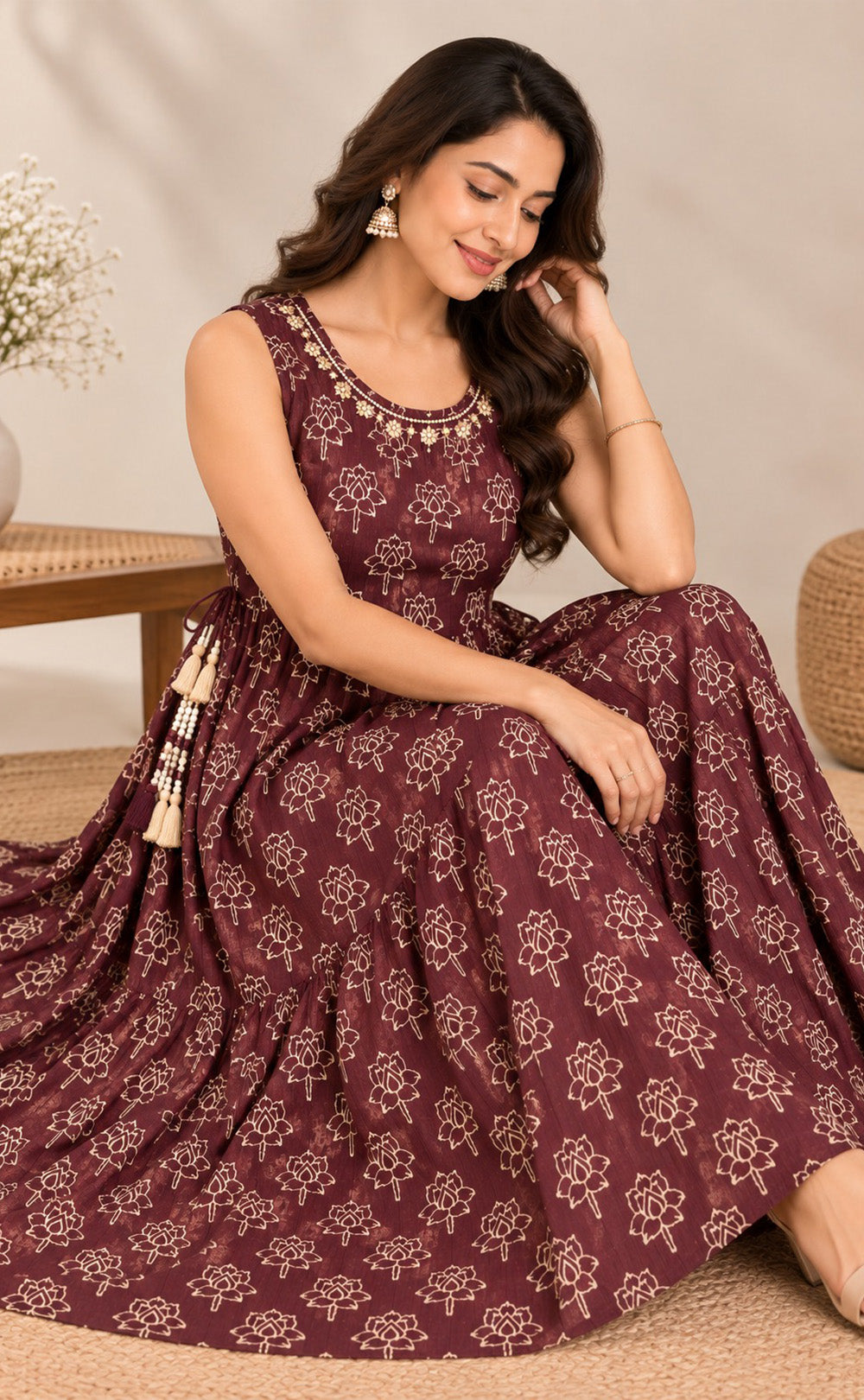 Dark Coffee Brown Chinon Beats Work Kurti Gown