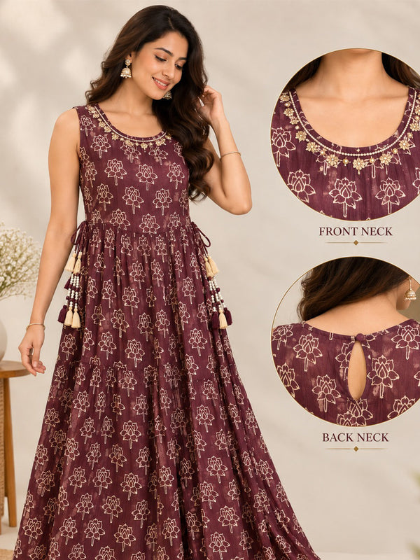 Dark Coffee Brown Chinon Beats Work Kurti Gown