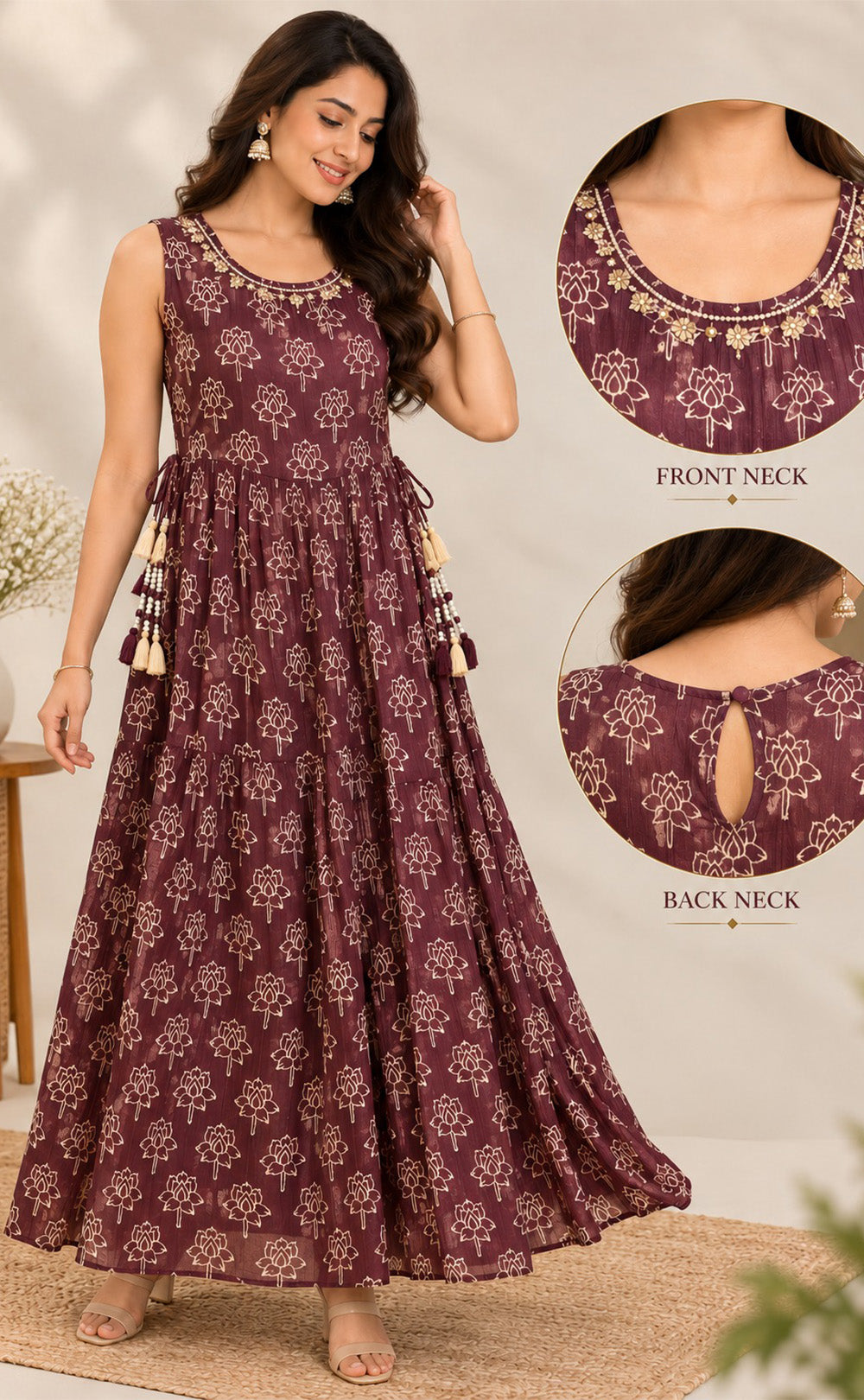 Dark Coffee Brown Chinon Beats Work Kurti Gown