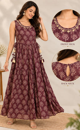 Dark Coffee Brown Chinon Beats Work Kurti Gown