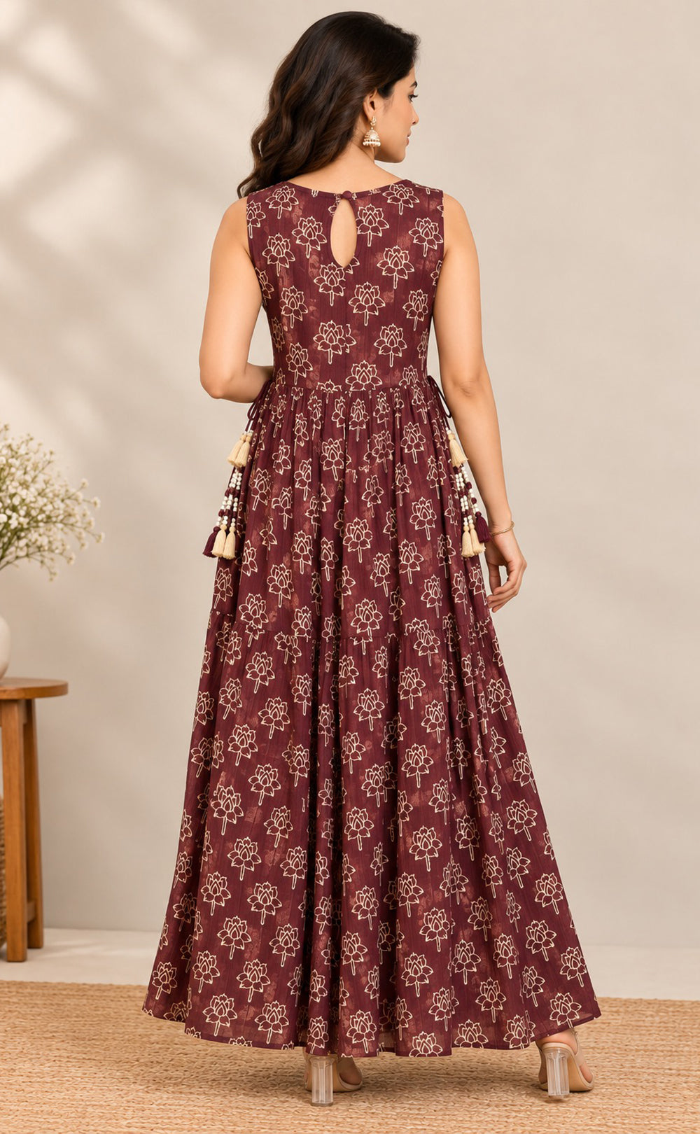 Dark Coffee Brown Chinon Beats Work Kurti Gown