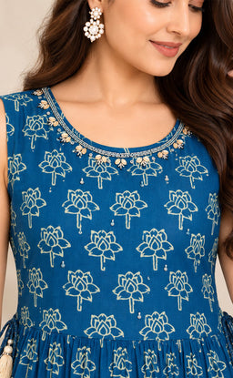 Indigo Blue Chinon Beats Work Kurti Gown