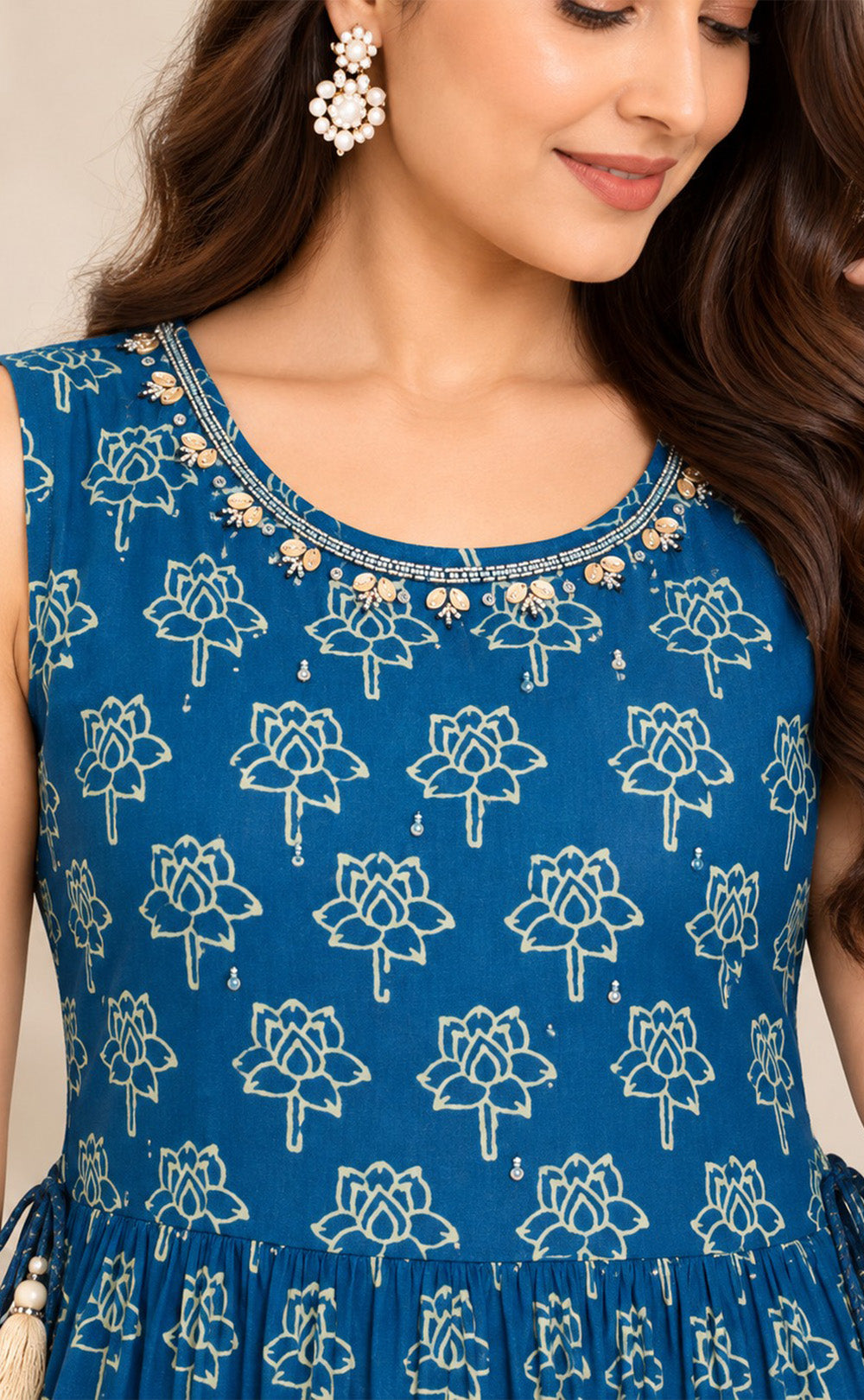 Indigo Blue Chinon Beats Work Kurti Gown