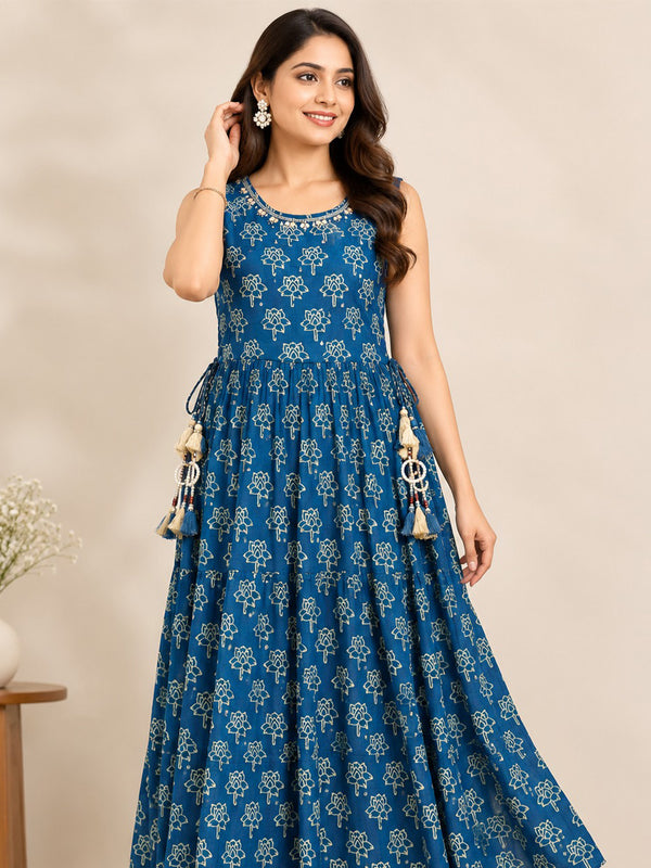 Indigo Blue Chinon Beats Work Kurti Gown
