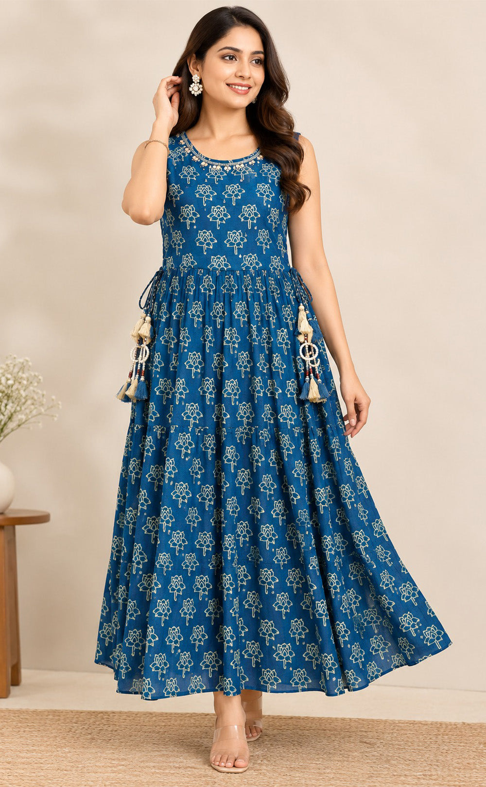 Indigo Blue Chinon Beats Work Kurti Gown