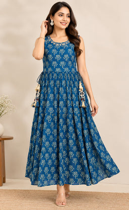 Indigo Blue Chinon Beats Work Kurti Gown