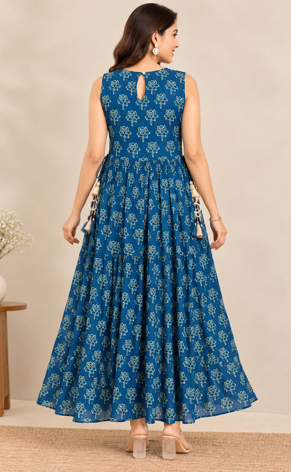Indigo Blue Chinon Beats Work Kurti Gown
