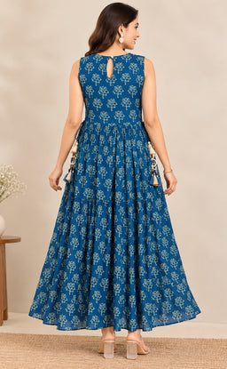 Indigo Blue Chinon Beats Work Kurti Gown