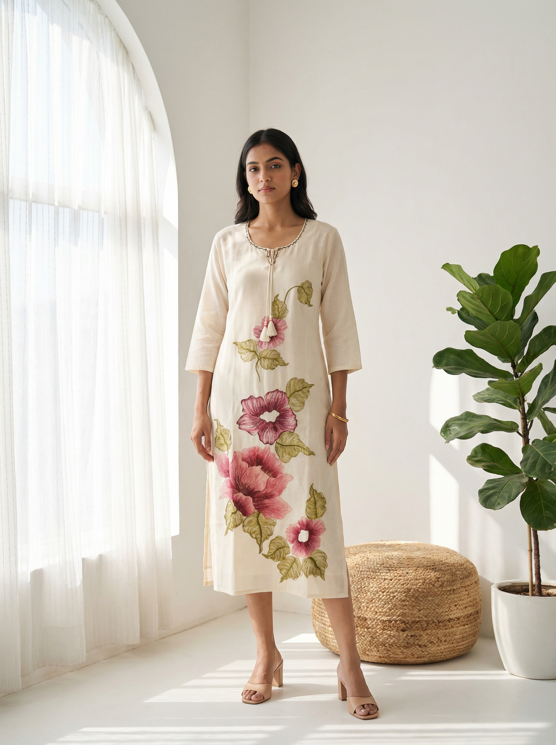 White chanderi All over  flower thread work straight kurti