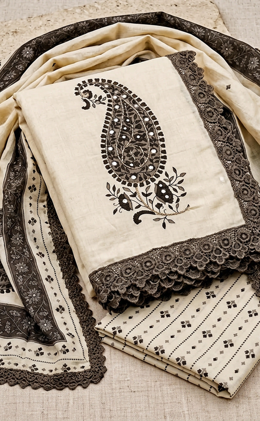 Cream Cotton Mango Printed Un-Stitched Dress Material