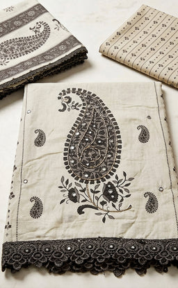 Cream Cotton Mango Printed Un-Stitched Dress Material