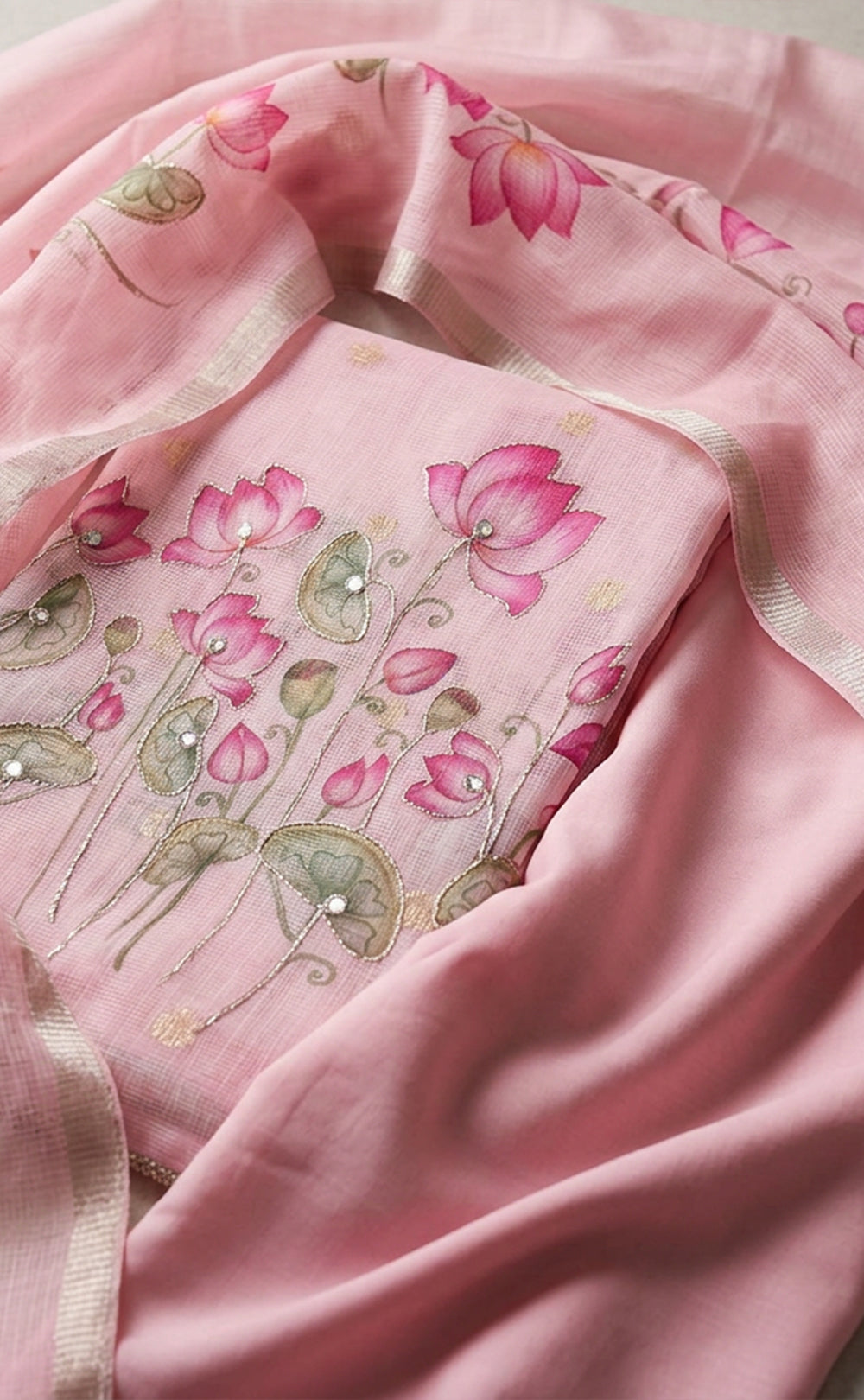 Baby Pink Kota Cotton Lotus Printed Un-Stitched Dress Material